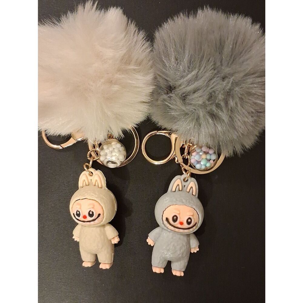 2 Labubu Cream & Grey Puff Keychains With Trinket Balls That Move New